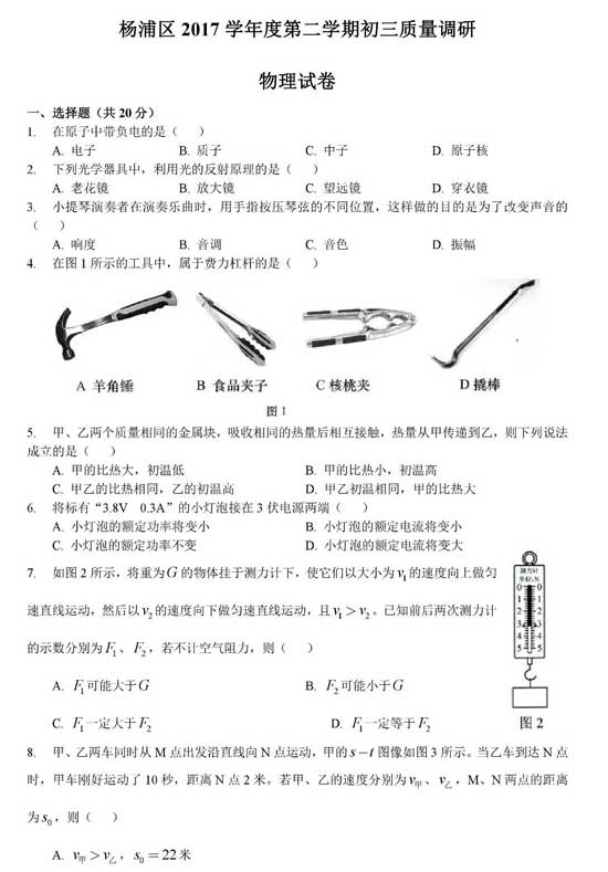 抢先看！2018杨浦区二模物理卷解析（含答案）