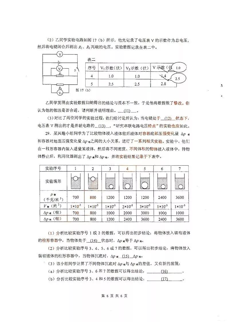 2019届初三闵行一模物理卷解析