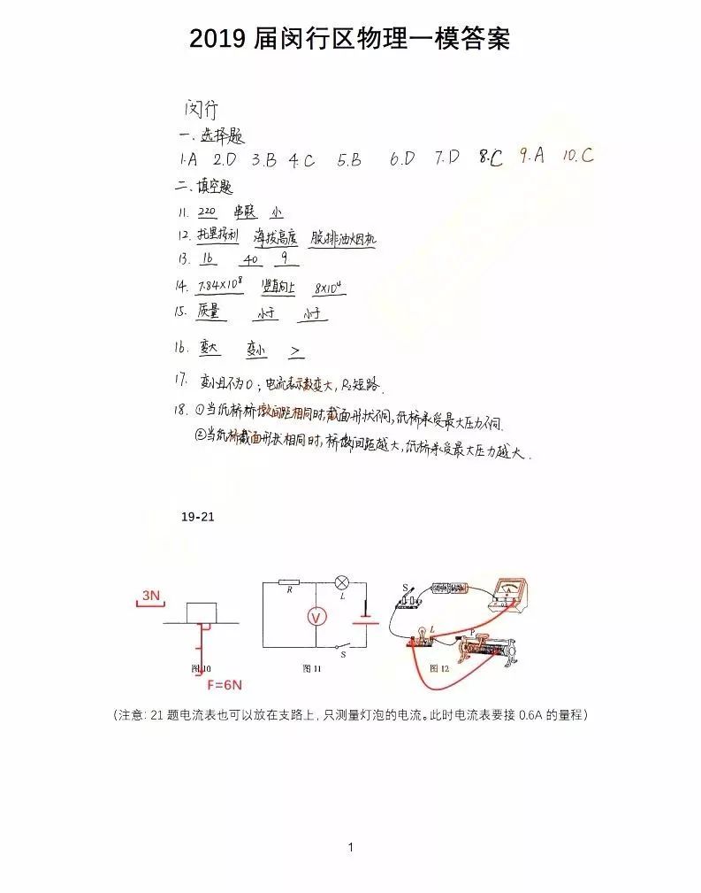 2019届初三闵行一模物理卷解析