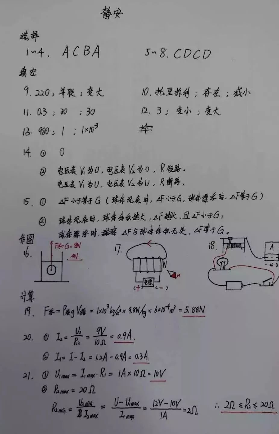 2019届初三静安一模物理卷解析