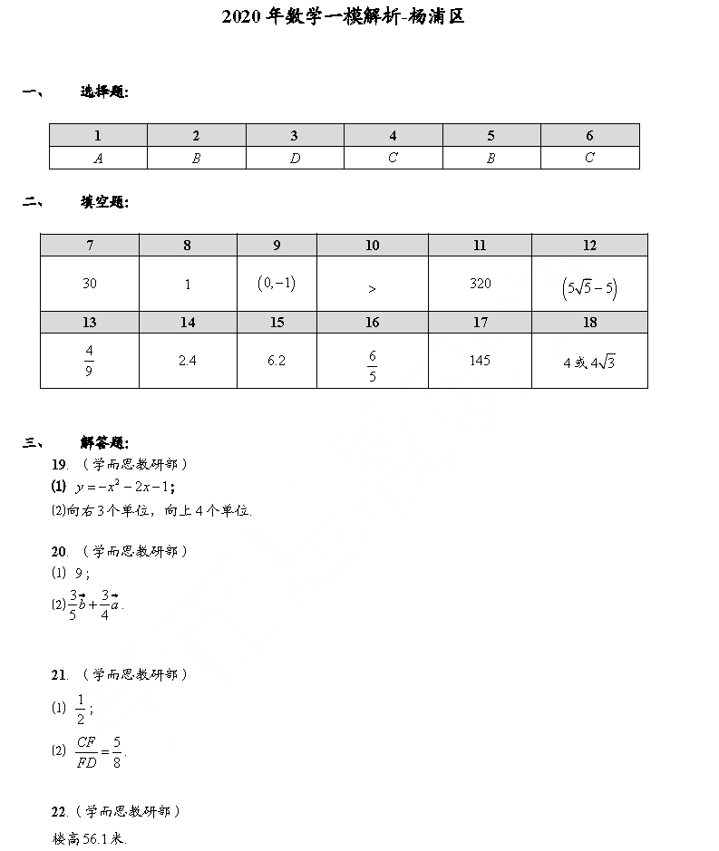 2020杨浦初三一模数学卷及答案！